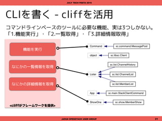 <cliffがフレームワークを提供>
CLIを書く - cliffを活用
コマンドラインベースのツールに必要な機能、実は3つしかない。
「1.機能実行」・「2.一覧取得」・「3.詳細情報取得」
JAPAN OPENSTACK USER GROUP 21
JULY TECH FESTA 2016
機能を実行
なにかの一覧情報を取得
なにかの詳細情報を取得
 