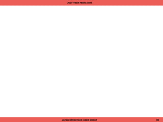 参考にした情報
• OpenStack
- https://wiki.openstack.org/wiki/Main_Page
• Oslo - OpenStack
- https://wiki.openstack.org/wiki/Oslo
• Contribute to OpenStack
- https://wiki.openstack.org/wiki/How_To_Contribute
• python-slackclient
- http://python-slackclient.readthedocs.io/en/latest/index.html
• Slack - Creating and regenerating API tokens
- https://api.slack.com/bot-users
JAPAN OPENSTACK USER GROUP 36
JULY TECH FESTA 2016
 