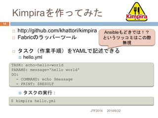 Kimpiraを作ってみた
2014/6/22JTF2014
14
 http://github.com/khattori/kimpira
 Fabricのラッパーツール
 タスク（作業手順）をYAMLで記述できる
 hello.yml...