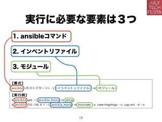 実行に必要な要素は３つ
1. ansibleコマンド
2. インベントリファイル
3. モジュール
[書式]
ansible <ホストパターン> -i <インベントリファイル> -m <モジュール>
[実行例]
$ ansible web -i ansible_hosts -m setup
$ ansible 192.168.0.1 -i ansible_hosts -m hostname -a name=hogehoge -u vagrant -k -s
12
 