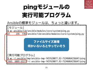 pingモジュールの
実行可能プログラム
[モジュール]
$ wc ansible/lib/ansible/modules/core/system/ping.py
61 235 1702 ansible/lib/ansible/modules/core/system/ping.py
[実行可能プログラム]
$ wc ~/.ansible/tmp/ansible-tmp-1437620077.92-75246064236647/ping
1665 6089 63273 ~/.ansible-tmp-1437620077.92-75246064236647/ping
ファイルサイズ激増
何かいろいろとやっていそう
Ansibleの標準モジュールは、ちょっと違います。
25
 