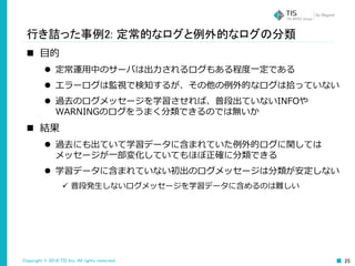 Copyright © 2016 TIS Inc. All rights reserved. 25
行き詰った事例2: 定常的なログと例外的なログの分類
 目的
 定常運用中のサーバは出力されるログもある程度一定である
 エラーログは監視で検知するが、その他の例外的なログは拾っていない
 過去のログメッセージを学習させれば、普段出ていないINFOや
WARNINGのログをうまく分類できるのでは無いか
 結果
 過去にも出ていて学習データに含まれていた例外的ログに関しては
メッセージが一部変化していてもほぼ正確に分類できる
 学習データに含まれていない初出のログメッセージは分類が安定しない
 普段発生しないログメッセージを学習データに含めるのは難しい
 