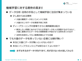 Copyright © 2016 TIS Inc. All rights reserved. 4
機械学習に対する期待の高まり
 データ分析･活用の手段として機械学習に注目が集まっている
 少し前からある事例
 大量の購買データをリコメンドに利用
 大量のセンサデータを障害予測に利用
 ディープラーニングの登場でさらに適用範囲は拡大
 解決したい問題にあわせて与える学習データを人が調整するのではなく、
大量に蓄積されたデータを大規模環境で学習させて法則を見つけ出す
 法則を言語化しづらい画像認識などでも活躍
 でも大量のデータを持っていない企業には縁が無い？
 本当に大量にデータが無いといけないのか？
 本当にインフラエンジニアは知らなくてよいのか？
まずは手元のデータで何ができて、何が足りないのか試してみよう
 
