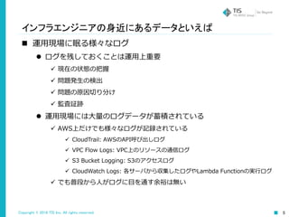 Copyright © 2016 TIS Inc. All rights reserved. 5
インフラエンジニアの身近にあるデータといえば
 運用現場に眠る様々なログ
 ログを残しておくことは運用上重要
 現在の状態の把握
 問題発生の検出
 問題の原因切り分け
 監査証跡
 運用現場には大量のログデータが蓄積されている
 AWS上だけでも様々なログが記録されている
 CloudTrail: AWSのAPI呼び出しログ
 VPC Flow Logs: VPC上のリソースの通信ログ
 S3 Bucket Logging: S3のアクセスログ
 CloudWatch Logs: 各サーバから収集したログやLambda Functionの実行ログ
 でも普段から人がログに目を通す余裕は無い
 