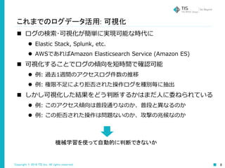 Copyright © 2016 TIS Inc. All rights reserved. 8
これまでのログデータ活用: 可視化
 ログの検索･可視化が簡単に実現可能な時代に
 Elastic Stack, Splunk, etc.
 AWSであればAmazon Elasticsearch Service (Amazon ES)
 可視化することでログの傾向を短時間で確認可能
 例: 過去1週間のアクセスログ件数の推移
 例: 権限不足により拒否された操作ログを種別毎に抽出
 しかし可視化した結果をどう判断するかはまだ人に委ねられている
 例: このアクセス傾向は普段通りなのか、普段と異なるのか
 例: この拒否された操作は問題ないのか、攻撃の兆候なのか
機械学習を使って自動的に判断できないか
 