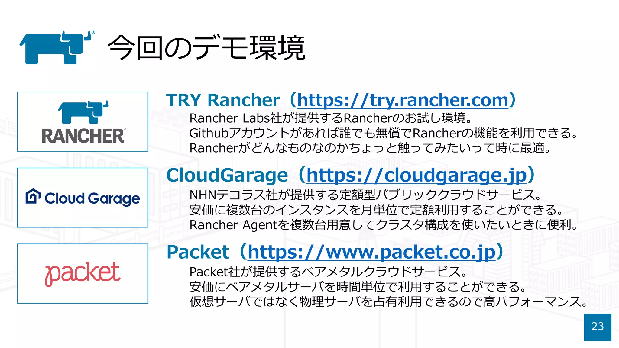 今回のデモ環境
TRY Rancher（https://try.rancher.com）
Rancher Labs社が提供するRancherのお試し環境。
Githubアカウントがあれば誰でも無償でRancherの機能を利⽤できる。
Rancherがどんなものなのかちょっと触ってみたいって時に最適。
CloudGarage（https://cloudgarage.jp）
NHNテコラス社が提供する定額型パブリッククラウドサービス。
安価に複数台のインスタンスを⽉単位で定額利⽤することができる。
Rancher Agentを複数台⽤意してクラスタ構成を使いたいときに便利。
Packet（https://www.packet.co.jp）
Packet社が提供するベアメタルクラウドサービス。
安価にベアメタルサーバを時間単位で利⽤することができる。
仮想サーバではなく物理サーバを占有利⽤できるので⾼パフォーマンス。
23
 