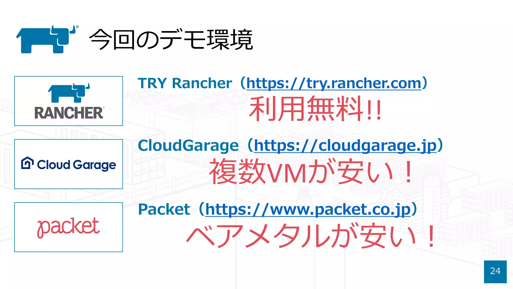 今回のデモ環境
TRY Rancher（https://try.rancher.com）
CloudGarage（https://cloudgarage.jp）
Packet（https://www.packet.co.jp）
24
利⽤無料!!
複数VMが安い！
ベアメタルが安い！
 