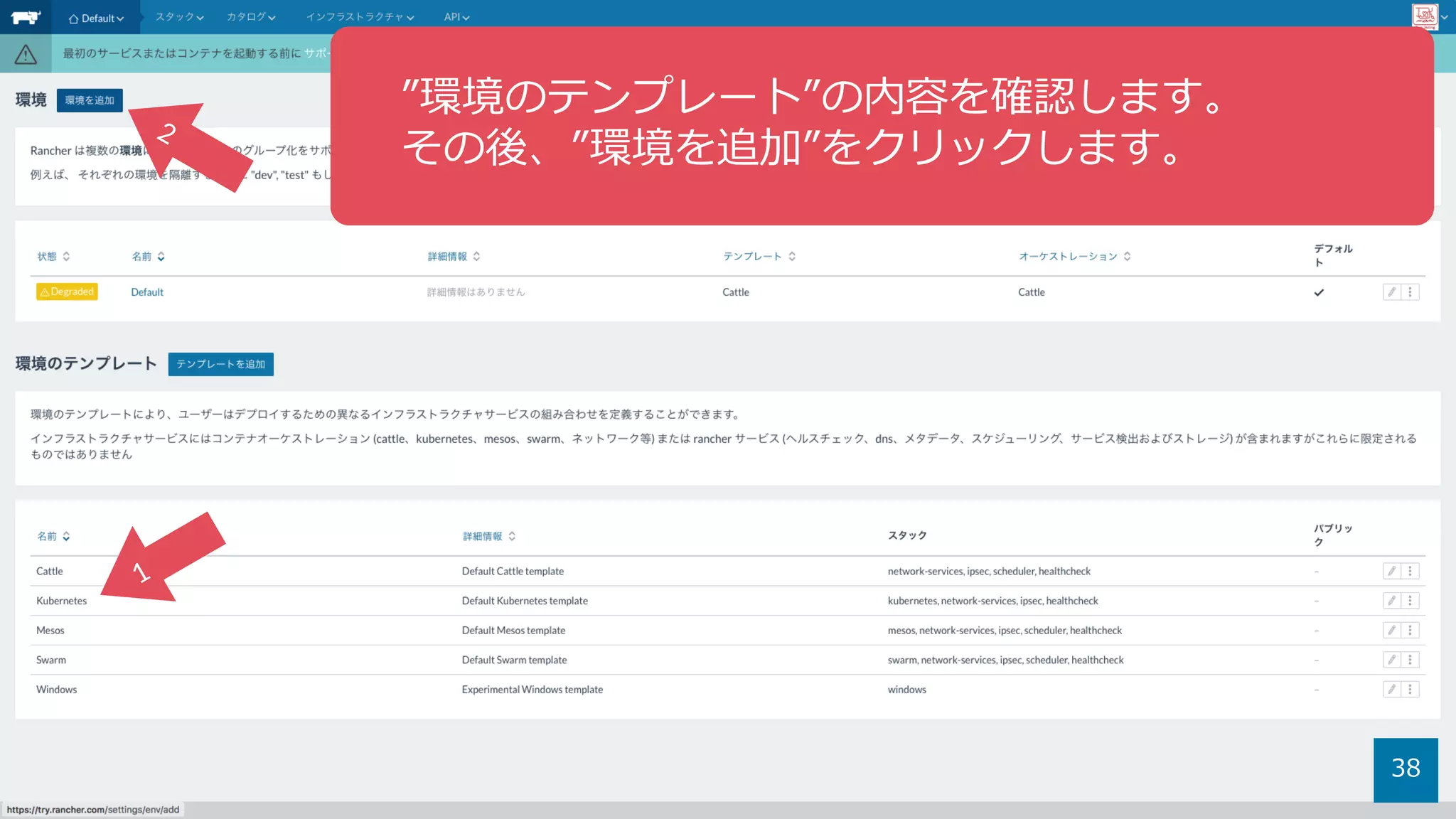 38
”環境のテンプレート”の内容を確認します。
その後、”環境を追加”をクリックします。
 