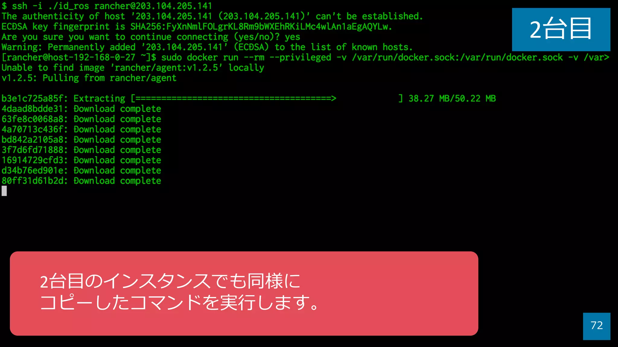 72
2台⽬
2台⽬のインスタンスでも同様に
コピーしたコマンドを実⾏します。
 