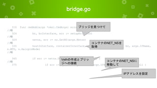 bridge.go
310 func cmdAdd(args *skel.CmdArgs) error {
//略
324 br, brInterface, err := setupBridge(n)
//略
329 netns, err := ns.GetNS(args.Netns)
//略
335 hostInterface, containerInterface, err := setupVeth(netns, br, args.IfName,
n.MTU, n.HairpinMode)
//略
365 if err := netns.Do(func(_ ns.NetNS) error {
//略
375 if err := ipam.ConfigureIface(args.IfName, result); err != nil {
ブリッジを見つけて
コンテナのNET_NSを
取得
Vethの作成とブリッ
ジへの接続
コンテナのNET_NSに
移動して
IPアドレスを設定
 
