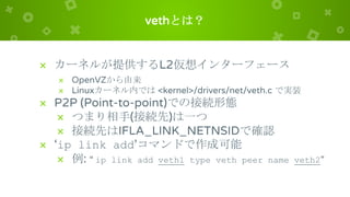 vethとは？
× カーネルが提供するL2仮想インターフェース
× OpenVZから由来
× Linuxカーネル内では <kernel>/drivers/net/veth.c で実装
× P2P (Point-to-point)での接続形態
× つまり相手(接続先)は一つ
× 接続先はIFLA_LINK_NETNSIDで確認
× ‘ip link add’コマンドで作成可能
× 例: “ ip link add veth1 type veth peer name veth2”
 