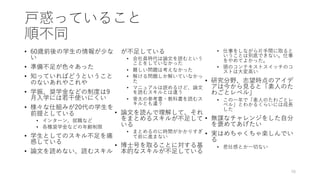 ⼾惑っていること
順不同
• 60歳前後の学⽣の情報が少な
い
• 準備不⾜が⾊々あった
• 知っていればどうということ
のないあれやこれや
• 学振、奨学⾦などの制度は9
⽉⼊学には若⼲使いにくい
• 様々な仕組みが20代の学⽣を
前提としている
• インターン、就職など
• 各種奨学⾦などの年齢制限
• 学⽣としてのスキル不⾜を痛
感している
• 論⽂を読めない、読むスキル
が不⾜している
• 会社員時代は論⽂を読むという
ことをしていなかった
• 難しい問題は考えなかった
• 解ける問題しか解いていなかっ
た
• マニュアルは読めるけど、論⽂
を読むスキルとは違う
• ⾻太の参考書・教科書を読むス
キルとも違う
• 論⽂を読んで理解して、それ
をまとめるスキルが不⾜して
いる
• まとめるのに時間がかかりすぎ
て前に進まない
• 博⼠号を取ることに対する基
本的なスキルが不⾜している
• 仕事をしながら⽚⼿間に取ると
いうことは到底できない。仕事
をやめてよかった。
• 頭のコンテキストスイッチのコ
ストは⼤変⾼い
• 研究分野、志望時点のアイデ
アは今から⾒ると「素⼈のた
わごとレベル」
• この⼀年で「素⼈のたわごとレ
ベル」とわかるくらいには成⻑
した
• 無謀なチャレンジをした⾃分
を褒めてあげたい
• 実はめちゃくちゃ楽しんでい
る
• 悲壮感とか⼀切ない
48
 
