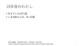 10年後のわたし
• ⽣きていれば71歳
• いまN歳ならば、N+10歳
厚⽣労働省、第22回⽣命表、平成29年（2017年）
https://www.mhlw.go.jp/toukei/saikin/hw/life/22th/index.html 8
 