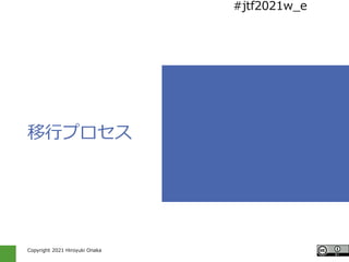 Copyright 2021 Hiroyuki Onaka
#jtf2021w_e
#jtf2021w_e
移行プロセス
 