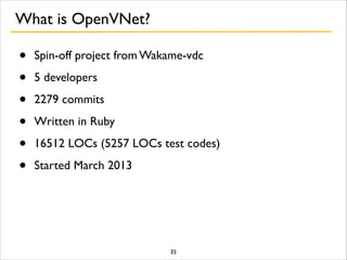 What is OpenVNet?
• Spin-off project from Wakame-vdc	

• 5 developers	

• 2279 commits	

• Written in Ruby	

• 16512 LOCs (5257 LOCs test codes)	

• Started March 2013
35
 