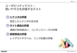 2013 © Concent, Inc.
PAGE: 31
ユーザビリティテスト：
使いやすさを評価するテスト
シナリオの評価
想定したシナリオの妥当性
サイト構造の評価
導線の有効度合い、コンテンツニーズの評価
画面構成の評価
レイアウトやラベル、リンク位置の評価
 