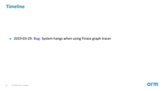 Timeline
2019-03-29: Bug: System hangs when using Ftrace graph tracer
22 © 2019 Arm Limited
 