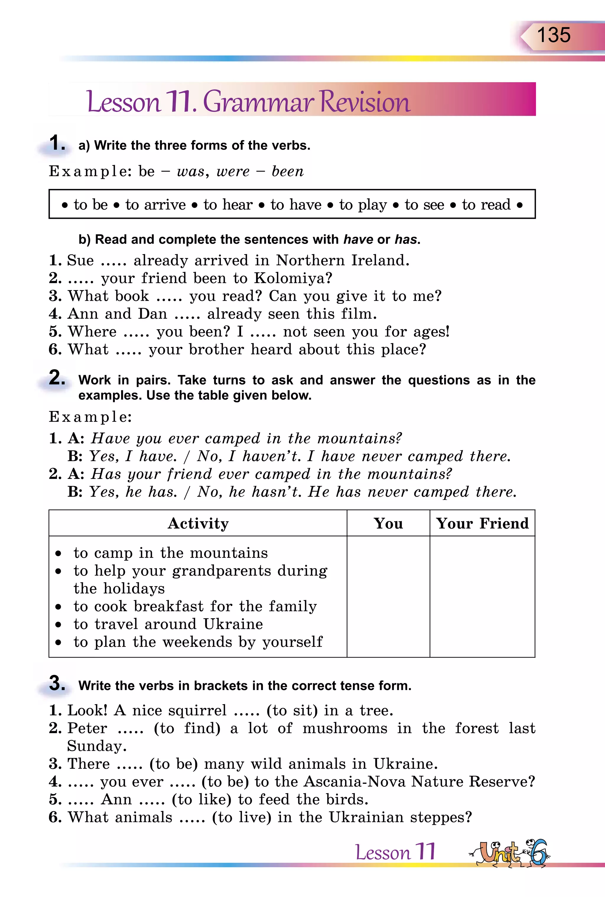 135
Lesson11.GrammarRevision
1. a) Write the three forms of the verbs.
E x ampl e: be – was, were – been
• to be • to arrive • to hear • to have • to play • to see • to read •
b) Read and complete the sentences with have or has.
1. Sue ..... already arrived in Northern Ireland.
2. ..... your friend been to Kolomiya?
3. What book ..... you read? Can you give it to me?
4. Ann and Dan ..... already seen this film.
5. Where ..... you been? I ..... not seen you for ages!
6. What ..... your brother heard about this place?
2. Work in pairs. Take turns to ask and answer the questions as in the
examples. Use the table given below.
Exa mpl e:
1. A: Have you ever camped in the mountains?
B: Yes, I have. / No, I haven’t. I have never camped there.
2. A: Has your friend ever camped in the mountains?
B: Yes, he has. / No, he hasn’t. He has never camped there.
Activity You Your Friend
•  to camp in the mountains
•  to help your grandparents during
the holidays
•  to cook breakfast for the family
•  to travel around Ukraine
•  to plan the weekends by yourself
3. Write the verbs in brackets in the correct tense form.
1. Look! A nice squirrel ..... (to sit) in a tree.
2. Peter ..... (to find) a lot of mushrooms in the forest last
Sunday.
3. There ..... (to be) many wild animals in Ukraine.
4. ..... you ever ..... (to be) to the Ascania-Nova Nature Reserve?
5. ..... Ann ..... (to like) to feed the birds.
6. What animals ..... (to live) in the Ukrainian steppes?
1.
2.
3.
Lesson 11
 