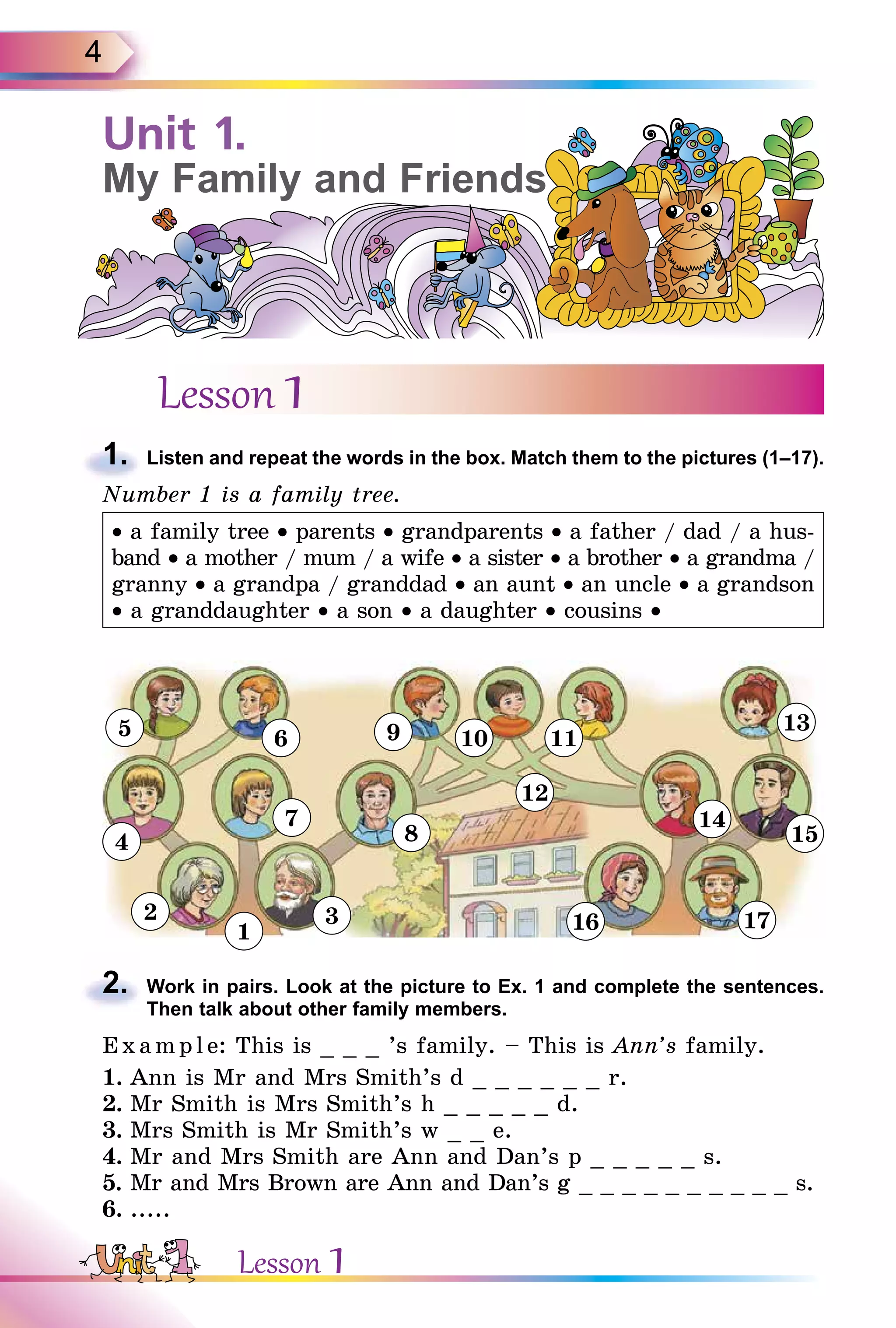 4
Lesson 1
1. Listen and repeat the words in the box. Match them to the pictures (1–17).
Number 1 is a family tree.
• a family tree • parents • grandparents • a father / dad / a hus-
band • a mother / mum / a wife • a sister • a brother • a grandma /
granny • a grandpa / granddad • an aunt • an uncle • a grandson
• a granddaughter • a son • a daughter • cousins •
2. Work in pairs. Look at the picture to Ex. 1 and complete the sentences.
Then talk about other family members.
Example: This is _ _ _ ’s family. – This is Ann’s family.
1. Ann is Mr and Mrs Smith’s d _ _ _ _ _ _ r.
2. Mr Smith is Mrs Smith’s h _ _ _ _ _ d.
3. Mrs Smith is Mr Smith’s w _ _ e.
4. Mr and Mrs Smith are Ann and Dan’s p _ _ _ _ _ s.
5. Mr and Mrs Brown are Ann and Dan’s g _ _ _ _ _ _ _ _ _ _ s.
6. .....
1.
2.
Unit 1.
My Family and Friends
2
1
3
4
5 6
7
8
9 10 11
16 17
12
15
14
13
Lesson 1
 
