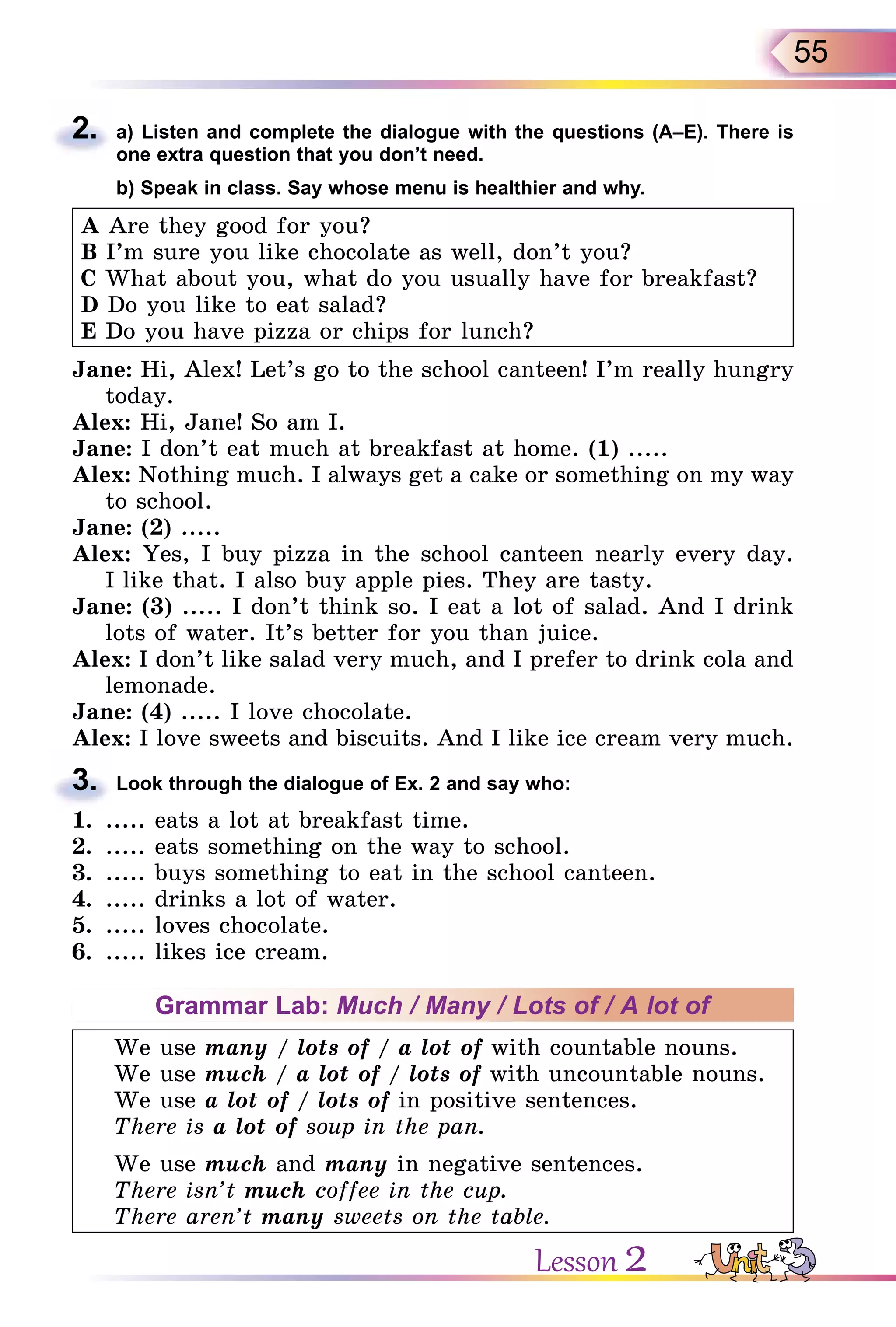 55
2. a) Listen and complete the dialogue with the questions (A–E). There is
one extra question that you don’t need.
b) Speak in class. Say whose menu is healthier and why.
A Are they good for you?
B I’m sure you like chocolate as well, don’t you?
C What about you, what do you usually have for breakfast?
D Do you like to eat salad?
E Do you have pizza or chips for lunch?
Jane: Hi, Alex! Let’s go to the school canteen! I’m really hungry
today.
Alex: Hi, Jane! So am I.
Jane: I don’t eat much at breakfast at home. (1) .....
Alex: Nothing much. I always get a cake or something on my way
to school.
Jane: (2) .....
Alex: Yes, I buy pizza in the school canteen nearly every day.
I like that. I also buy apple pies. They are tasty.
Jane: (3) ..... I don’t think so. I eat a lot of salad. And I drink
lots of water. It’s better for you than juice.
Alex: I don’t like salad very much, and I prefer to drink cola and
lemonade.
Jane: (4) ..... I love chocolate.
Alex: I love sweets and biscuits. And I like ice cream very much.
3. Look through the dialogue of Ex. 2 and say who:
1. ..... eats a lot at breakfast time.
2. ..... eats something on the way to school.
3. ..... buys something to eat in the school canteen.
4. ..... drinks a lot of water.
5. ..... loves chocolate.
6. ..... likes ice cream.
Grammar Lab: Much / Many / Lots of / A lot of
We use many / lots of / a lot of with countable nouns.
We use much / a lot of / lots of with uncountable nouns.
We use a lot of / lots of in positive sentences.
There is a lot of soup in the pan.
We use much and many in negative sentences.
There isn’t much coffee in the cup.
There aren’t many sweets on the table.
2.
3.
Lesson 2
 