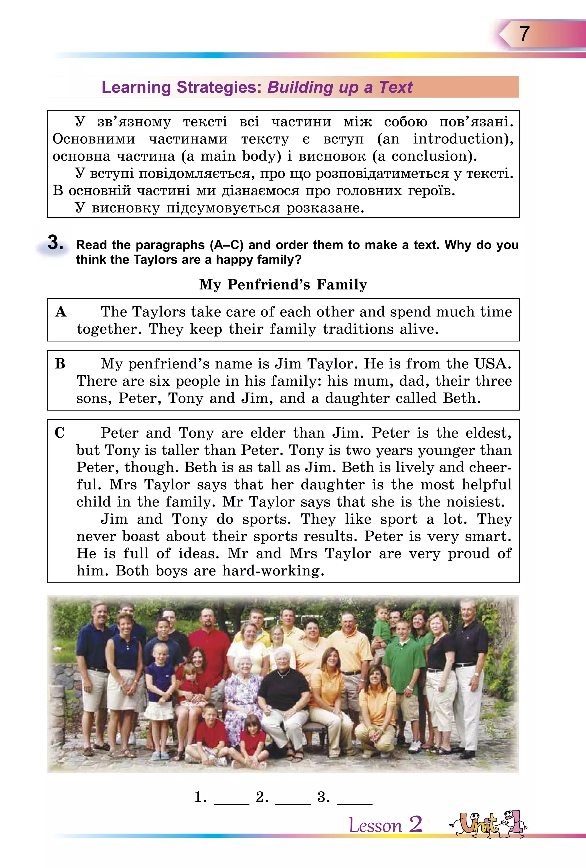 7
Learning Strategies: Building up a Text
У зв’язному тексті всі частини між собою пов’язані.
Îсновними частинами тексту є вступ (an introduction),
основна частина (a main body) і висновок (a conclusion).
У вступі повідомляється, про що розповідатиметься у тексті.
В основній частині ми дізнаємося про головних героїв.
У висновку підсумовується розказане.
3. Read the paragraphs (A–C) and order them to make a text. Why do you
think the Taylors are a happy family?
My Penfriend’s Family
A The Taylors take care of each other and spend much time
together. They keep their family traditions alive.
B My penfriend’s name is Jim Taylor. He is from the USA.
There are six people in his family: his mum, dad, their three
sons, Peter, Tony and Jim, and a daughter called Beth.
C Peter and Tony are elder than Jim. Peter is the eldest,
but Tony is taller than Peter. Tony is two years younger than
Peter, though. Beth is as tall as Jim. Beth is lively and cheer-
ful. Mrs Taylor says that her daughter is the most helpful
child in the family. Mr Taylor says that she is the noisiest.
Jim and Tony do sports. They like sport a lot. They
never boast about their sports results. Peter is very smart.
He is full of ideas. Mr and Mrs Taylor are very proud of
him. Both boys are hard-working.
1. ____ 2. ____ 3. ____
3.
Lesson 2
 