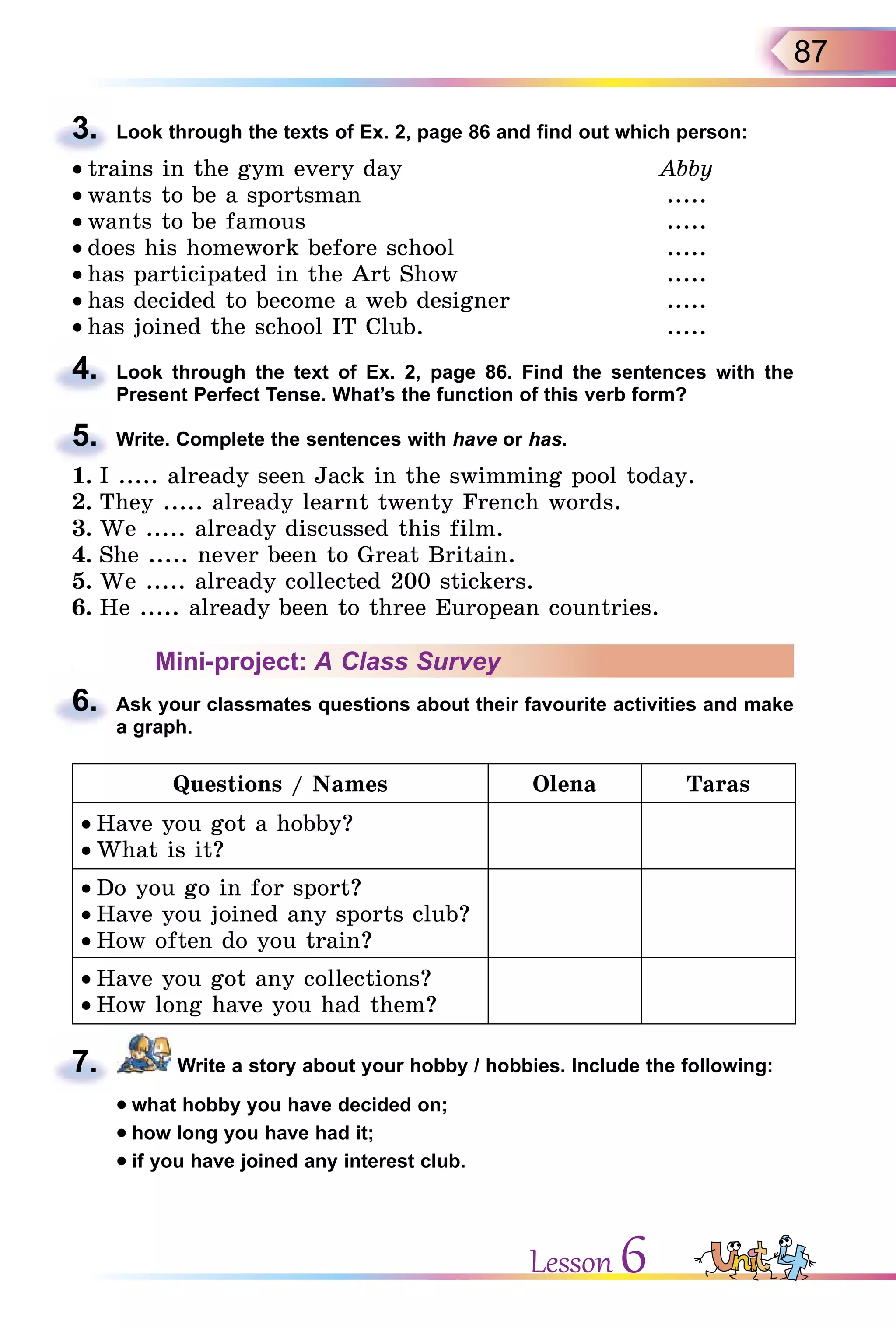 87
3. Look through the texts of Ex. 2, page 86 and find out which person:
• trains in the gym every day Abby
• wants to be a sportsman .....
• wants to be famous .....
• does his homework before school .....
• has participated in the Art Show .....
• has decided to become a web designer .....
• has joined the school IT Club. .....
4. Look through the text of Ex. 2, page 86. Find the sentences with the
Present Perfect Tense. What’s the function of this verb form?
5. Write. Complete the sentences with have or has.
1. I ..... already seen Jack in the swimming pool today.
2. They ..... already learnt twenty French words.
3. We ..... already discussed this film.
4. She ..... never been to Great Britain.
5. We ..... already collected 200 stickers.
6. He ..... already been to three European countries.
Mini-project: A Class Survey
6. Ask your classmates questions about their favourite activities and make
a graph.
Questions / Names Olena Taras
• Have you got a hobby?
• What is it?
• Do you go in for sport?
• Have you joined any sports club?
• How often do you train?
• Have you got any collections?
• How long have you had them?
7. Write a story about your hobby / hobbies. Include the following:
  • what hobby you have decided on;
  • how long you have had it;
  • if you have joined any interest club.
3.
4.
5.
6.
7.
Lesson 6
 