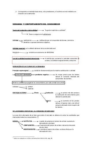 2- Un impuesto se traslada hacia atrás, a los productores, si la oferta es más inelástica en
relación con la demanda.
DEMANDA Y COMPORTAMIENTO DEL CONSUMIDOR
Teoría de la elección y de la utilidad “la gente maximiza su utilidad”
Tiene su origen en el utilitarismo
Utilidad satisfacción calificación por el consumidor de bienes y servicios.
Beneficio o aprovechamiento subjetivo
Utilidad marginal: es la utilidad adicional de la unidad adicional
Marginal sinónimo en economía de ADICIONAL
Ley de la utilidad marginal decreciente A medida que aumenta la cantidad consumida de
un bien, la utilidad marginal tiende a reducirse.
DERIVACIÓN DE LAS CURVAS DE LA DEMANDA
Principio equimarginal condición fundamental para la máxima satisfacción o utilidad
Las curvas de la demanda tienen pendiente negativa Un mayor precio para los bienes
reduce el consumo deseado del
consumidor de ese bien.
Mide la cantidad que pagarían los consumidores por cada unidad consumida
Utilidad ordinal
Cardinal
ENFOQUE ALTERNO Efecto Sustitución un precio más alto provoca
la sustitución de otros bienes para
obtener la satisfacción
Ingreso un aumento en los precios
reduce el ingreso real y con ello el
consumo deseado de la mayoría de
los bienes.
DE LA DEMANDA INDIVIDUAL A LA DEMANDA DE MERCADO
La curva de la demanda de un bien para todo el mercado se obtiene al sumar las cantidades que
demandan todos los consumidores. [2
]
BIENES SUSTITUTOS cuando al aumentar el precio de un bien aumenta la
demanda de otro bien.
COMPLEMETOS el aumento del precio de un bien reduce la demanda
de otro bien.
INDEPENDIENTES si cambia el precio de un bien no tiene efecto en la
demanda de otro.
2
Tabla con ejemplo en el libro de Samuelson Edición XIX, pág. 94.
 