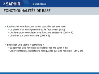 Quick Drop 
FONCTIONNALITÉS DE BASE 
• Rechercher une fonction ou un contrôle par son nom 
• Le placer sur le diagramme ou la face avant (Clic) 
• L’utiliser pour remplacer une fonction existante (Ctrl + P) 
• L’insérer sur un fil existant (Ctrl + I) 
• Effectuer une tâche « complexe » 
• Supprimer une fonction et recâbler les fils (Ctrl + R) 
• Créer contrôles/Indicateurs manquants sur une fonction (Ctrl / D) 
 
