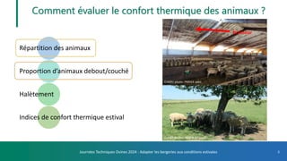 Comment évaluer le confort thermique des animaux ?
Répartition des animaux
Proportion d’animaux debout/couché
Halètement
I...
