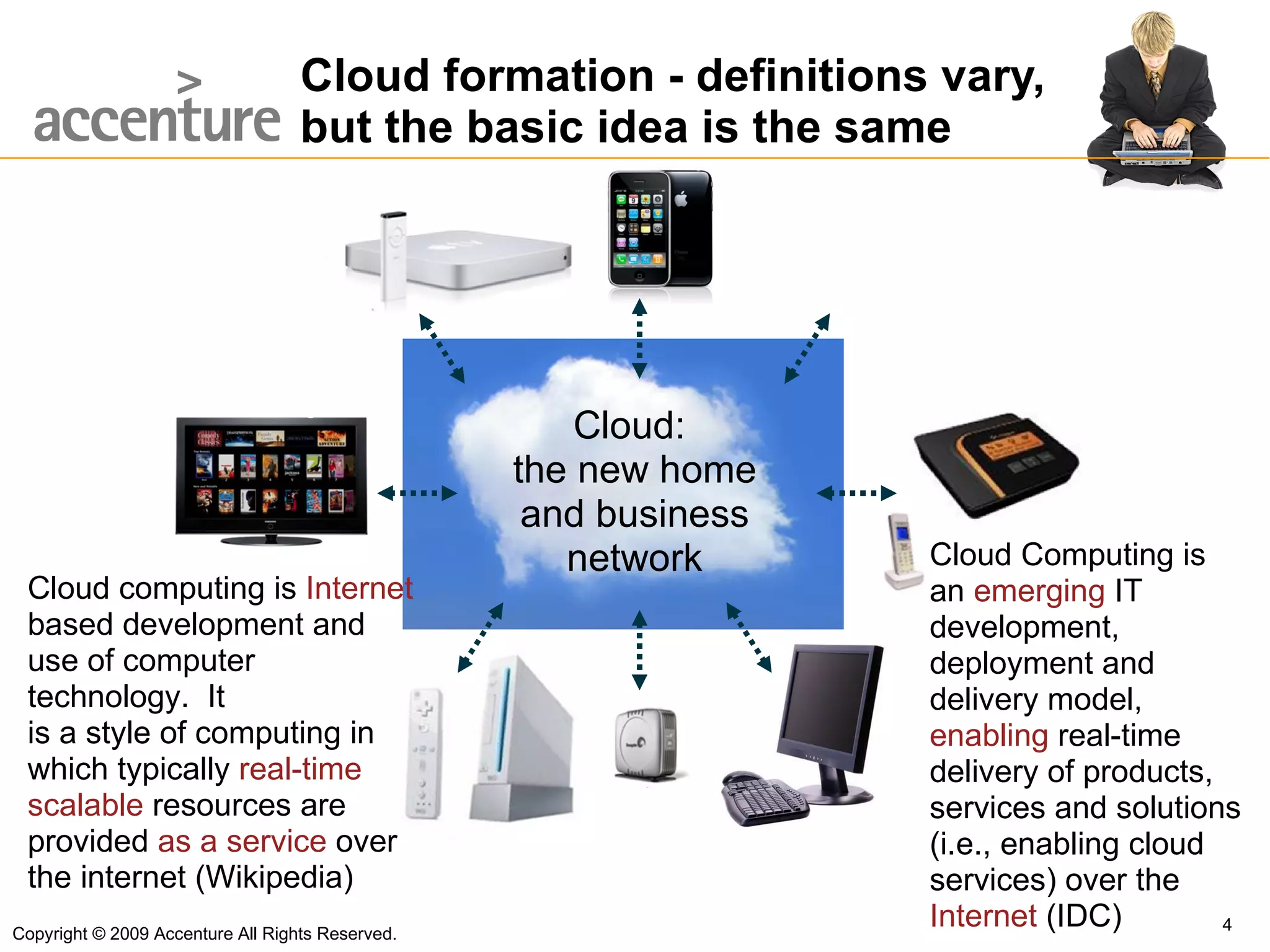 Cloud formation - definitions vary,  but the basic idea is the same Cloud Computing is  an  emerging  IT development, deployment and delivery model,  enabling  real-time delivery of products, services and solutions (i.e., enabling cloud services) over the  Internet  (IDC) Cloud computing is  Internet  based development and use of computer technology.  It  is a style of computing in which typically  real-time scalable  resources are provided  as a service  over the internet (Wikipedia) Cloud:  the new home and business network Copyright © 2009 Accenture All Rights Reserved. 