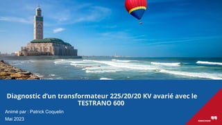 Diagnostic d’un transformateur 225/20/20 KV avarié avec le
TESTRANO 600
Animé par : Patrick Coquelin
Mai 2023
 