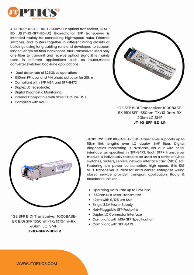 1G SFP Optical Transceivers Data Sheet By JTOPTICS | PDF