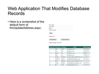 Web Application That Modifies Database
Records
• Here is a screenshot of the
default form of
frmUpdateAddress.aspx:
 