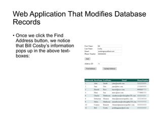 Web Application That Modifies Database
Records
• Once we click the Find
Address button, we notice
that Bill Cosby’s information
pops up in the above text-
boxes:
 