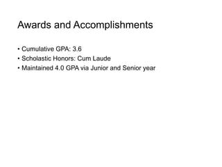 Awards and Accomplishments
• Cumulative GPA: 3.6
• Scholastic Honors: Cum Laude
• Maintained 4.0 GPA via Junior and Senior year
 