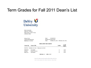 Term Grades for Fall 2011 Dean’s List
 