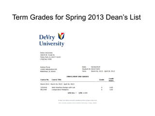 Term Grades for Spring 2013 Dean’s List
 