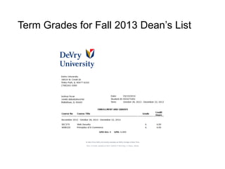 Term Grades for Fall 2013 Dean’s List
 