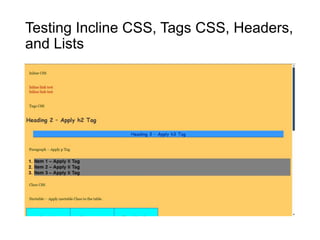 Testing Incline CSS, Tags CSS, Headers,
and Lists
 