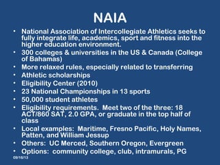 NAIA
• National Association of Intercollegiate Athletics seeks to
fully integrate life, academics, sport and fitness into the
higher education environment.
• 300 colleges & universities in the US & Canada (College
of Bahamas)
• More relaxed rules, especially related to transferring
• Athletic scholarships
• Eligibility Center (2010)
• 23 National Championships in 13 sports
• 50,000 student athletes
• Eligibility requirements. Meet two of the three: 18
ACT/860 SAT, 2.0 GPA, or graduate in the top half of
class
• Local examples: Maritime, Fresno Pacific, Holy Names,
Patten, and William Jessup
• Others: UC Merced, Southern Oregon, Evergreen
• Options: community college, club, intramurals, PG
09/16/13
 