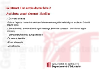 -  Ús com alumne Entra a l'agenda i mira si el mestre o l'alumne encarregat hi ha fet alguna anotació. Entra-hi alguna tasca -  Entra al correu a veure si tens algun missatge. Prova de contestar i d'escriure a algun company -  Entra al fòrum del teu curs participa-hi Ús com a família - Entra a l'agenda  Mira el correu   La Intranet d’un centre docent bloc 2 Activitats: usuari alumnat i famílies 