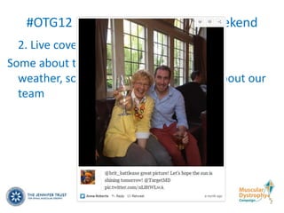 #OTG12 – what we did on race weekend
  2. Live coverage of highlights
Some about the cause, some about the
  weather, some about the event, some about our
  team
                    (We had fun)
 