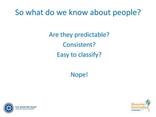 So what do we know about people?

        Are they predictable?
             Consistent?
          Easy to classify?

               Nope!
 