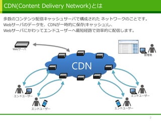 CDN(Content Delivery Network)とは
2
CDN
Webサーバ
エンドユーザー
エンドユーザー
多数のコンテンツ配信キャッシュサーバで構成された ネットワークのことです。
Webサーバのデータを、CDNが一時的に保存(キャッシュ)し、
Webサーバにかわってエンドユーザーへ最短経路で効率的に配信します。
エンドユーザー
エンドユーザー
管理者
 