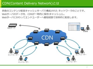 CDN(Content Delivery Network)とは
2
CDN
Webサーバ
エンドユーザー
エンドユーザー
多数のコンテンツ配信キャッシュサーバで構成された ネットワークのことです。
Webサーバのデータを、CDNが一時的に保存(...