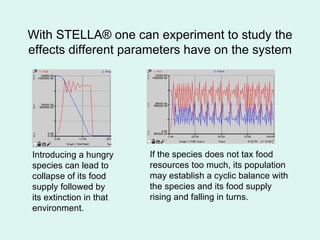 With STELLA® one can experiment to study the effects different parameters have on the system Introducing a hungry species can lead to collapse of its food  supply followed by  its extinction in that environment. If the species does not tax food  resources too much, its population may establish a cyclic balance with the species and its food supply  rising and falling in turns. 