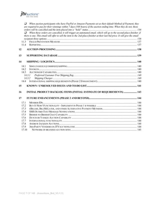 

When auction participants who have PayPal or Amazon Payments set as their default Method of Payment, they
are required to pay for their winnings within 7 days (168 hours) of the auction ending time. When they do not, those
orders will be cancelled and the item placed into a “hold” status.............................................................................. 136
 When these orders are cancelled, it will trigger an automated email, which will go to the second-place finisher, if
there is one. This email will offer to sell the item to the 2nd-place finisher at their last bid price. It will give the email
recipient three options:............................................................................................................................................... 136
11.3 FRAUD PREVENTION MEASURE .......................................................................................................................... 137
11.4 REPORTING......................................................................................................................................................... 137
12

AUCTION PROCESSING ................................................................................................................................. 138

13

SUPPORTING DATABASE .............................................................................................................................. 139

14

SHIPPING / LOGISTICS ................................................................................................................................... 140
14.1 SIMULTANEOUS (COMBINED) SHIPPING............................................................................................................... 140
14.2 INVOICES ............................................................................................................................................................ 140
14.3 AUCTIONEER CAPABILITIES................................................................................................................................ 140
14.3.1
Preferred Customer Free Shipping flag..................................................................................................... 140
14.3.2
Shipping Charges ...................................................................................................................................... 140
14.4 INTERNATIONAL SHIPPING REQUIREMENTS (PHASE 2 ENHANCEMENT) ............................................................... 140

15

KNOWN / UNRESOLVED ISSUES AND TO-DO LIST................................................................................ 141

16

INITIAL PRODUCT BACKLOG ITEMS (INITIAL ESTIMATE OF REQUIREMENTS) ..................... 143

17

FUTURE ENHANCEMENTS (PHASE 2 AND BEYOND)............................................................................ 144
17.1
17.2
17.3
17.4
17.5
17.6
17.7
17.8
17.9
17.10

MEMBER IDS...................................................................................................................................................... 144
BUY IT NOW! FUNCTIONALITY - IMPLEMENT IN PHASE 1 IF POSSIBLE ................................................................ 144
EBILLME, BILLMELATER, AND OTHER ALTERNATIVE PAYMENT METHODS....................................................... 144
SMS OUTBID TEXT MESSAGE NOTIFICATIONS................................................................................................... 144
BIDDER-TO-BIDDER CHAT CAPABILITY ............................................................................................................. 144
DUTCH OR YANKEE AUCTION CAPABILITY ........................................................................................................ 144
INTERNATIONAL FUNCTIONALITY....................................................................................................................... 144
ANDREW JACKSON AUCTIONS............................................................................................................................ 144
3RD-PARTY VENDORS ON JTVAUCTIONS.COM ................................................................................................... 144
NETWORK OF BRANDED AUCTION SITES ......................................................................................................... 145

PAGE 7 OF 145 Jtvauctions_Brd_V3.1 (1)

 