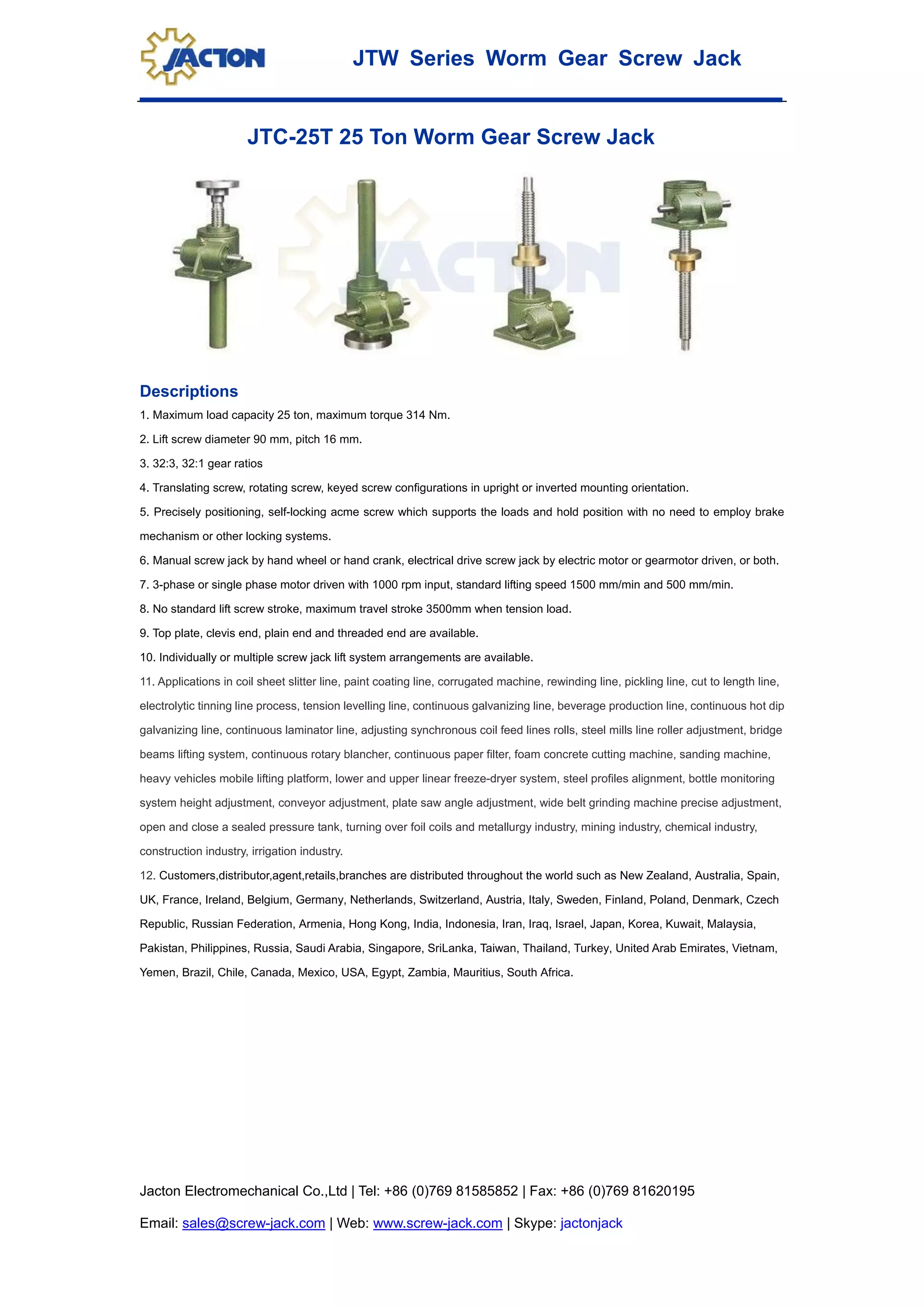 Jtw 25 t worm screw jack, 25 ton acme screw actuator, 250 kn linear