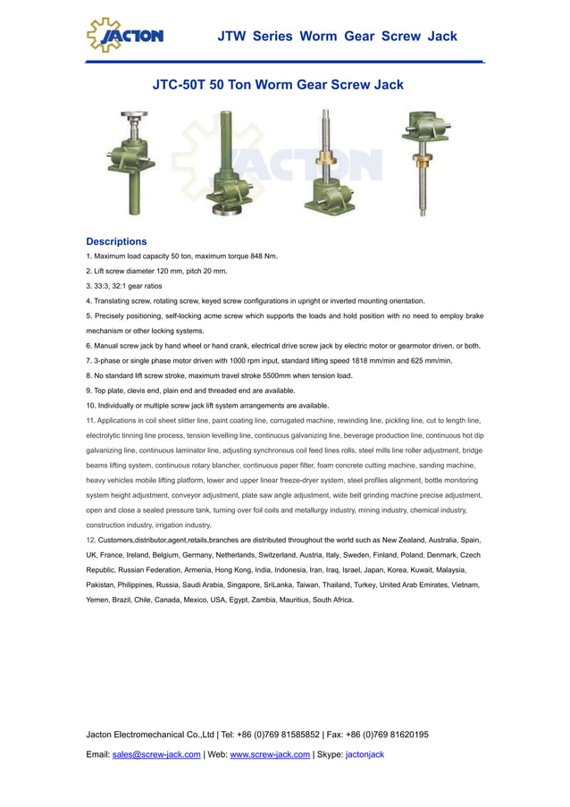 Jtw 50 t worm screw jack, 50t jack screw acme nut, 50 ton screw jack