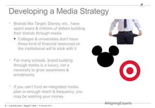6 | Lunch & Learn – August 7, 2014 | © Stamats 2014
Developing a Media Strategy
 Brands like Target, Disney, etc., have
spent years & millions of dollars building
their brands through media
 Colleges & universities don’t have
those kind of financial resources or
the institutional will to stick with it
 For many schools, brand building
through media is a luxury, not a
necessity to grow awareness &
enrollments
 If you can’t fund an integrated media
plan or enough reach & frequency, you
may be wasting your money
#AligningExperts
 